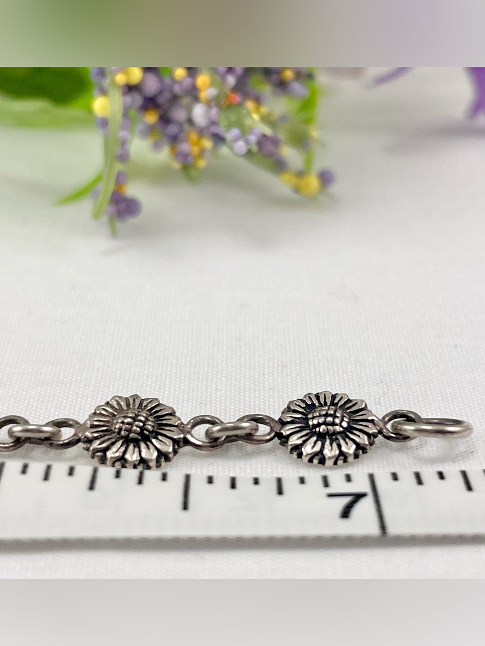 Sterling Silver Sunflower Link Bracelet with Pretty Patina! Vintage Floral